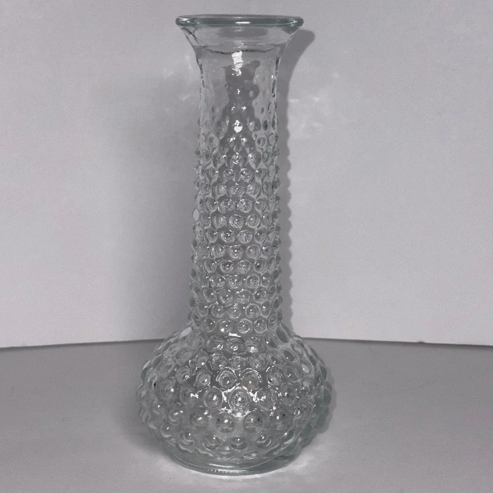 Vintage Clear Glass Hobnail Bulbous Bud Vase 7.75 In MCM Retro Tablescape Decor